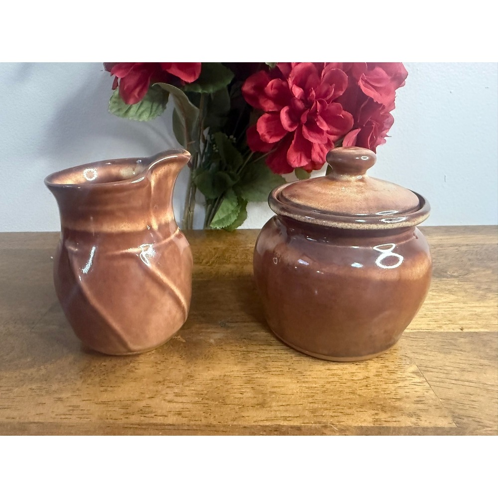 Vintage Hutton House Cream & Sugar Set Brown Pottery London Ontario Canada Retro